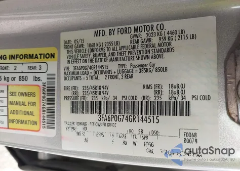 2016 Ford Fusion S из США, поврежденный, VIN 3FA6P0G74GR144515